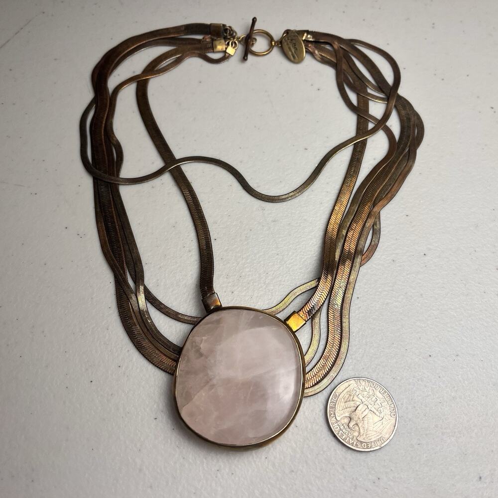 Lena Bernard Multi Strand Herringbone Necklace Rose Quartz Pendant Gold Tone VTG - Picture 8 of 12